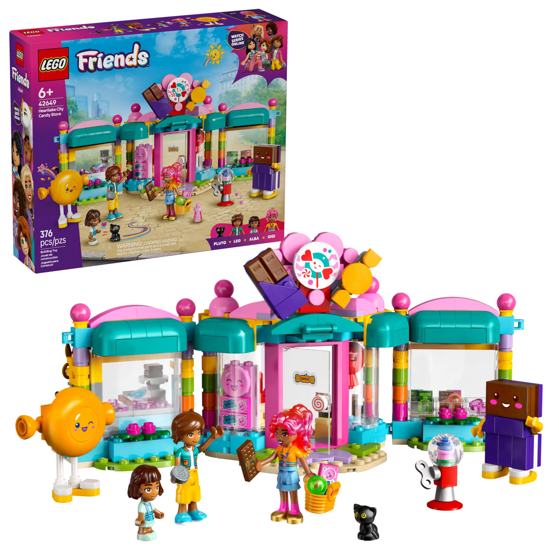 The LEGO® Friends Heartlake City Candy Store by Legos - Toyhouse includes a colorful bakery, four mini-doll figures, two large character figures, a black cat figure, and fun accessories; packaging appears in the background.