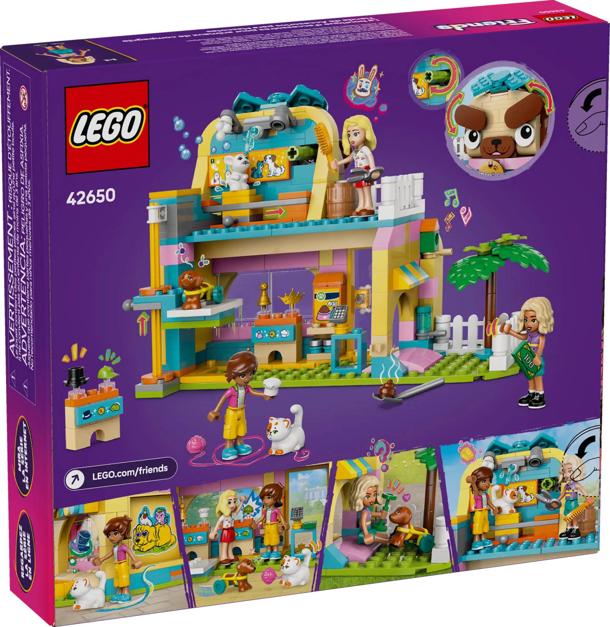 The back of the LEGO® Friends Pet Accessories Shop box by Legos - Toyhouse displays a vibrant pet shop and animal shelter, mini-dolls, pet figures, play features, and detailed animal-care scenes set against a purple background.