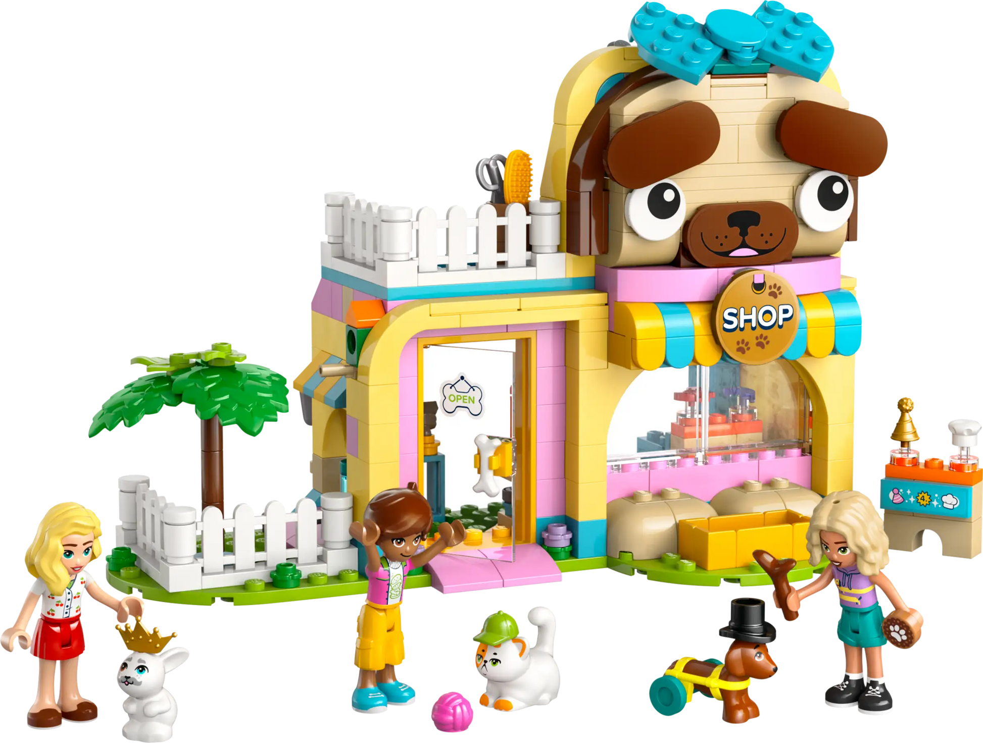 The LEGO® Friends Pet Accessories Shop by Legos - Toyhouse features a dog-shaped building, three figures, a dog, two cats, plus animal-care accessories and colorful decorations for imaginative pretend play.