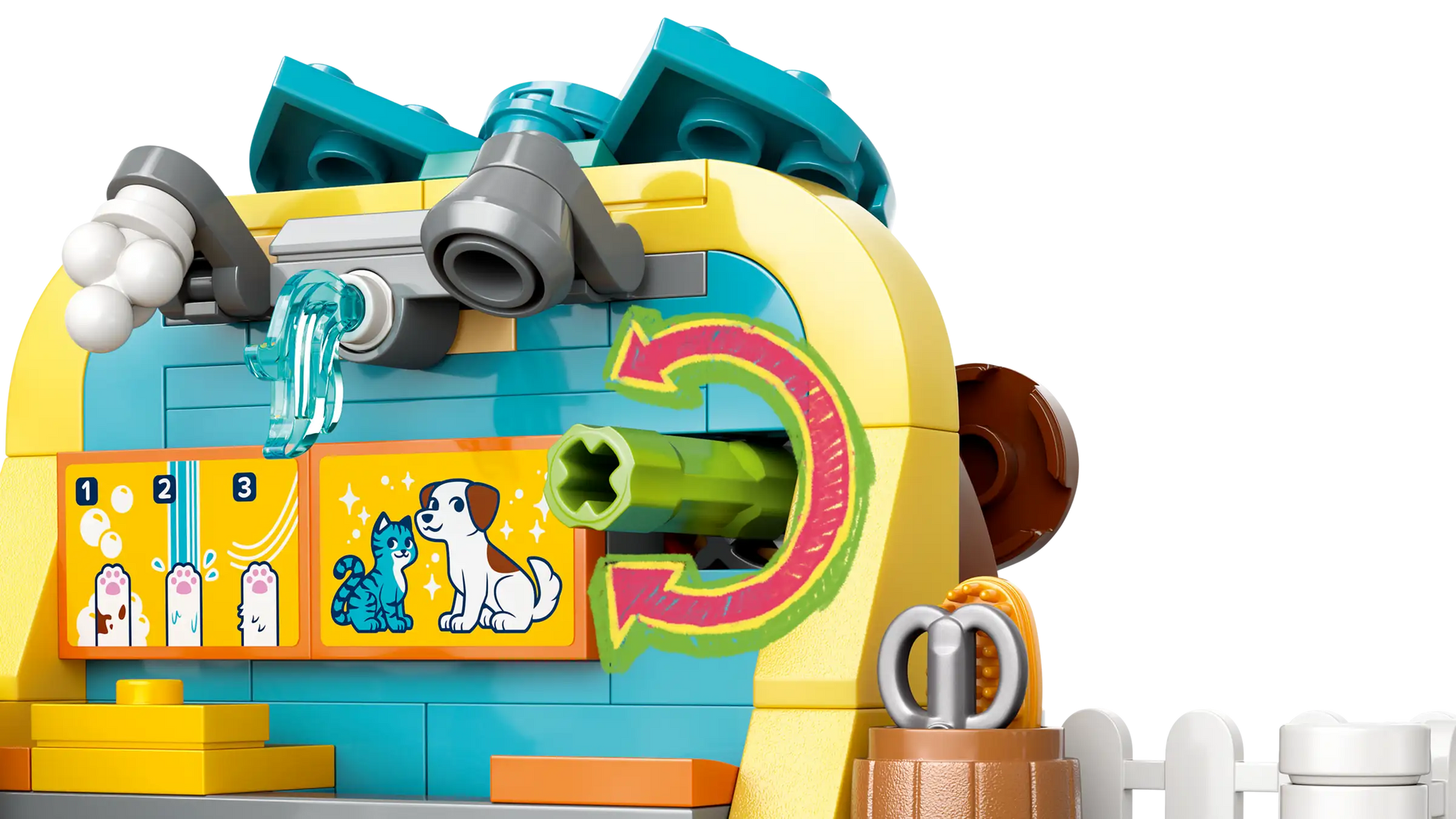 A close-up of the LEGO® Friends Pet Accessories Shop by Legos - Toyhouse shows a sticker with illustrated instructions, featuring a dog and green lever—highlighted by pink and yellow arrows—perfect for animal-care pretend play.