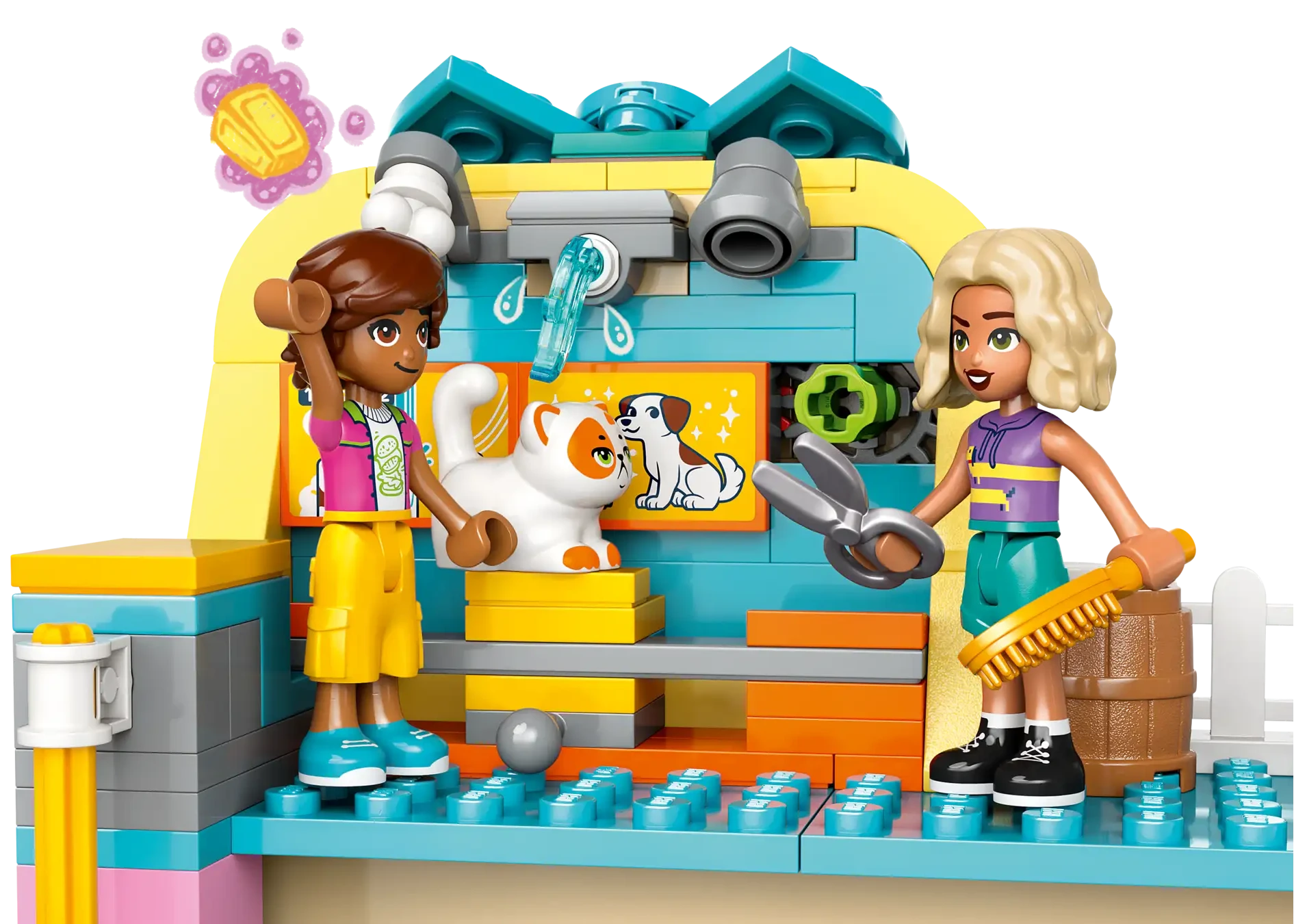 Two toy figures play in the LEGO® Friends Pet Accessories Shop by Legos - Toyhouse, featuring a white and orange cat, scissors, a brush, and wall decorations—ideal for animal-care pretend play.