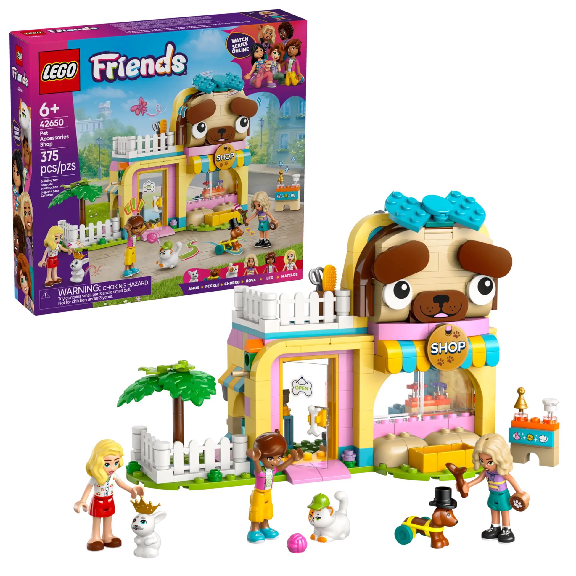 The LEGO® Friends Pet Accessories Shop by Legos - Toyhouse includes a vibrant shop, animal figures, and three mini-dolls—ideal for pretend animal care or growing your collection. Product box pictured in the background.