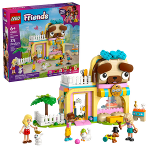 The LEGO® Friends Pet Accessories Shop by Legos - Toyhouse includes a vibrant shop, animal figures, and three mini-dolls—ideal for pretend animal care or growing your collection. Product box pictured in the background.