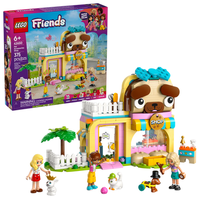 The LEGO® Friends Pet Accessories Shop by Legos - Toyhouse includes a vibrant shop, animal figures, and three mini-dolls—ideal for pretend animal care or growing your collection. Product box pictured in the background.