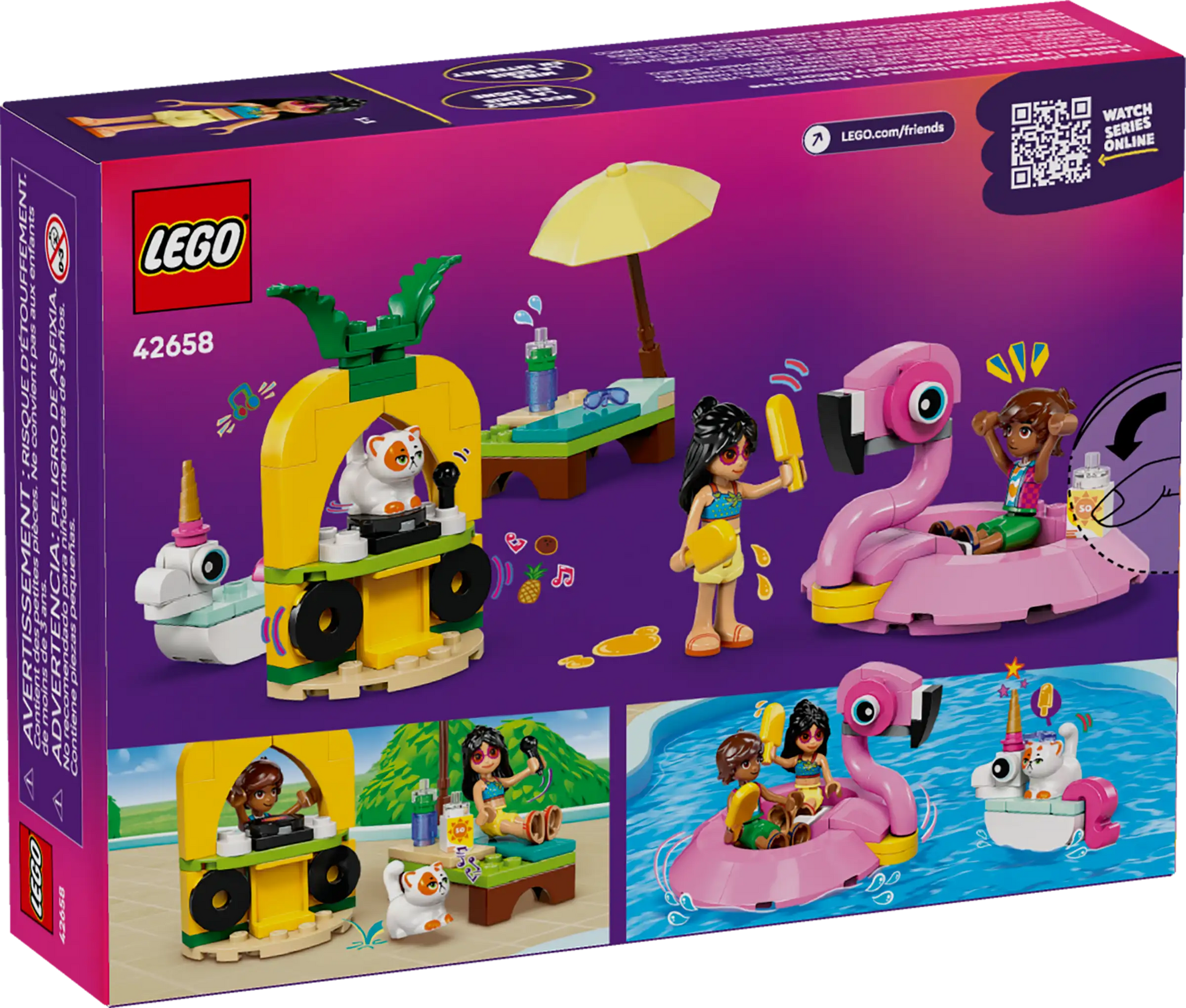 Back of Legos - Toyhouse LEGO® Friends Unicorn & Flamingo Pool Party 42658 box displays figures with a pineapple food cart, flamingo float, pool, and accessories like an umbrella and popsicle on a purple background.