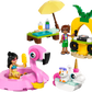 Two LEGO Friends figures enjoy the Legos - Toyhouse LEGO® Friends Unicorn & Flamingo Pool Party set, featuring a beach scene, flamingo float, pineapple-shaped DJ booth, drinks bench, and a small white animal on a unicorn pool float.
