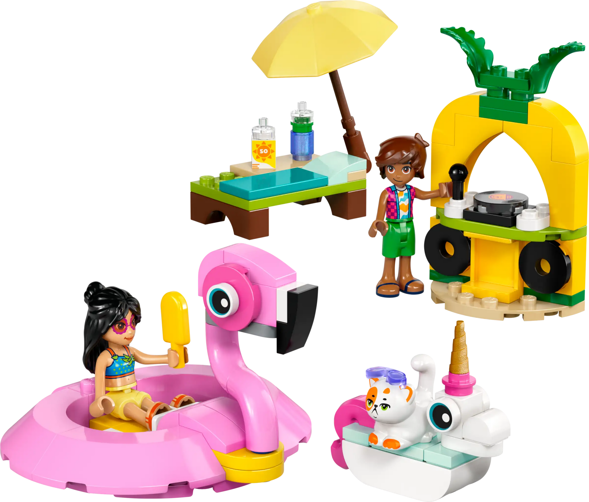Two LEGO Friends figures enjoy the Legos - Toyhouse LEGO® Friends Unicorn & Flamingo Pool Party set, featuring a beach scene, flamingo float, pineapple-shaped DJ booth, drinks bench, and a small white animal on a unicorn pool float.