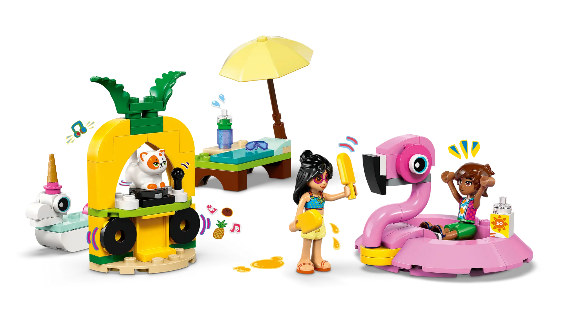Two mini-dolls enjoy the LEGO® Friends Unicorn & Flamingo Pool Party by Legos - Toyhouse, with a pink flamingo float, pineapple DJ booth, lounge chair with umbrella, and fun accessories.