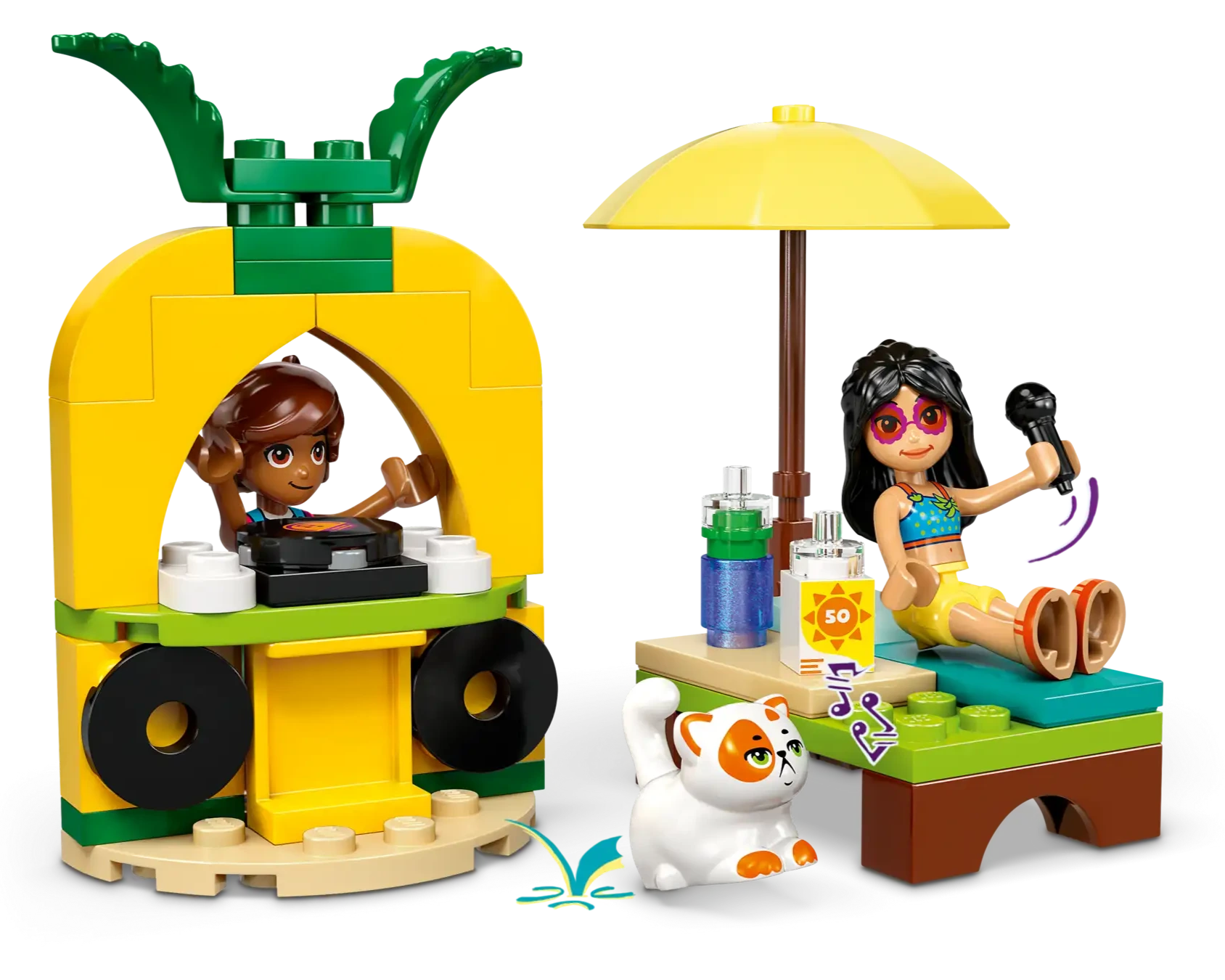 Two LEGO Friends minifigures enjoy the Unicorn & Flamingo Pool Party from Legos - Toyhouse: one DJs in a pineapple booth, the other relaxes under an umbrella with drinks while a white cat lounges nearby—perfect for expanding your set.
