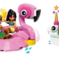 Two figures from the LEGO® Friends Unicorn & Flamingo Pool Party by Legos - Toyhouse relax on a pink flamingo float, while a cat wearing an ice cream cone hat enjoys a white unicorn float, surrounded by water splashes and festive decorations.