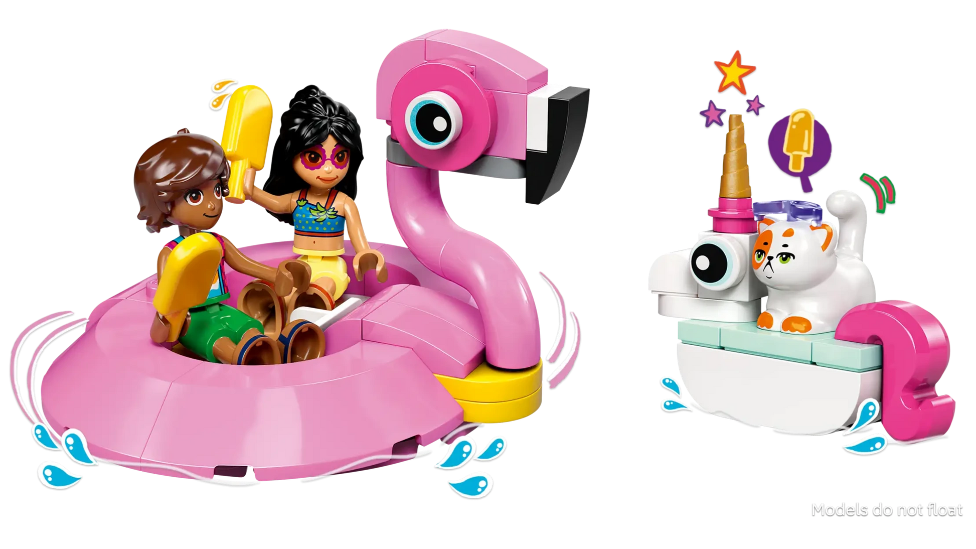Two figures from the LEGO® Friends Unicorn & Flamingo Pool Party by Legos - Toyhouse relax on a pink flamingo float, while a cat wearing an ice cream cone hat enjoys a white unicorn float, surrounded by water splashes and festive decorations.
