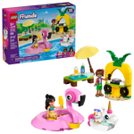 The Legos - Toyhouse LEGO® Friends Unicorn & Flamingo Pool Party set includes unicorn and pink flamingo floats, two mini-figures, a yellow beach stand, drinks, and an umbrella—all shown with the packaging.