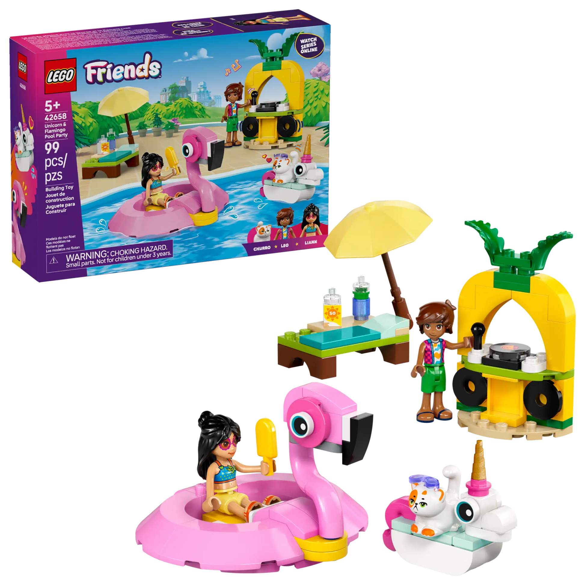 The Legos - Toyhouse LEGO® Friends Unicorn & Flamingo Pool Party set includes unicorn and pink flamingo floats, two mini-figures, a yellow beach stand, drinks, and an umbrella—all shown with the packaging.