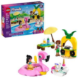 The Legos - Toyhouse LEGO® Friends Unicorn & Flamingo Pool Party set includes unicorn and pink flamingo floats, two mini-figures, a yellow beach stand, drinks, and an umbrella—all shown with the packaging.