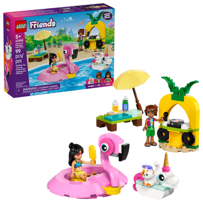 The Legos - Toyhouse LEGO® Friends Unicorn & Flamingo Pool Party set includes unicorn and pink flamingo floats, two mini-figures, a yellow beach stand, drinks, and an umbrella—all shown with the packaging.
