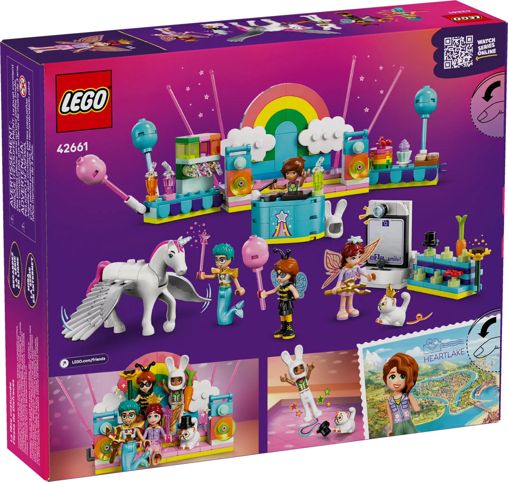 Back of LEGO® Friends Costume Party with Unicorn & Fairy box by Legos - Toyhouse shows a vibrant stage scene, minifigures, white unicorn, fun accessories, and Heartlake City map—a perfect building kit for kids with clear branding and instructions.