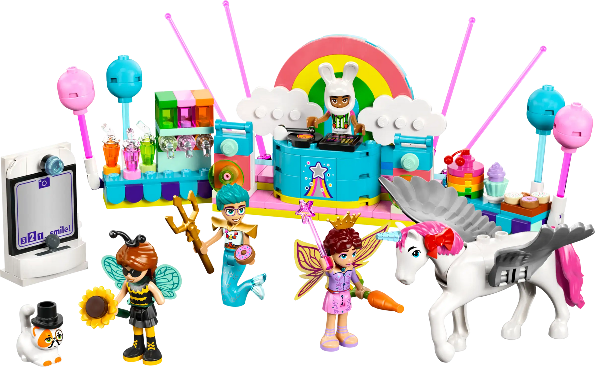 The Legos - Toyhouse LEGO® Friends Costume Party with Unicorn & Fairy set features figures, a unicorn, DJ booth, dessert stand, and fun accessories—great for imaginative pretend play and vibrant building adventures.