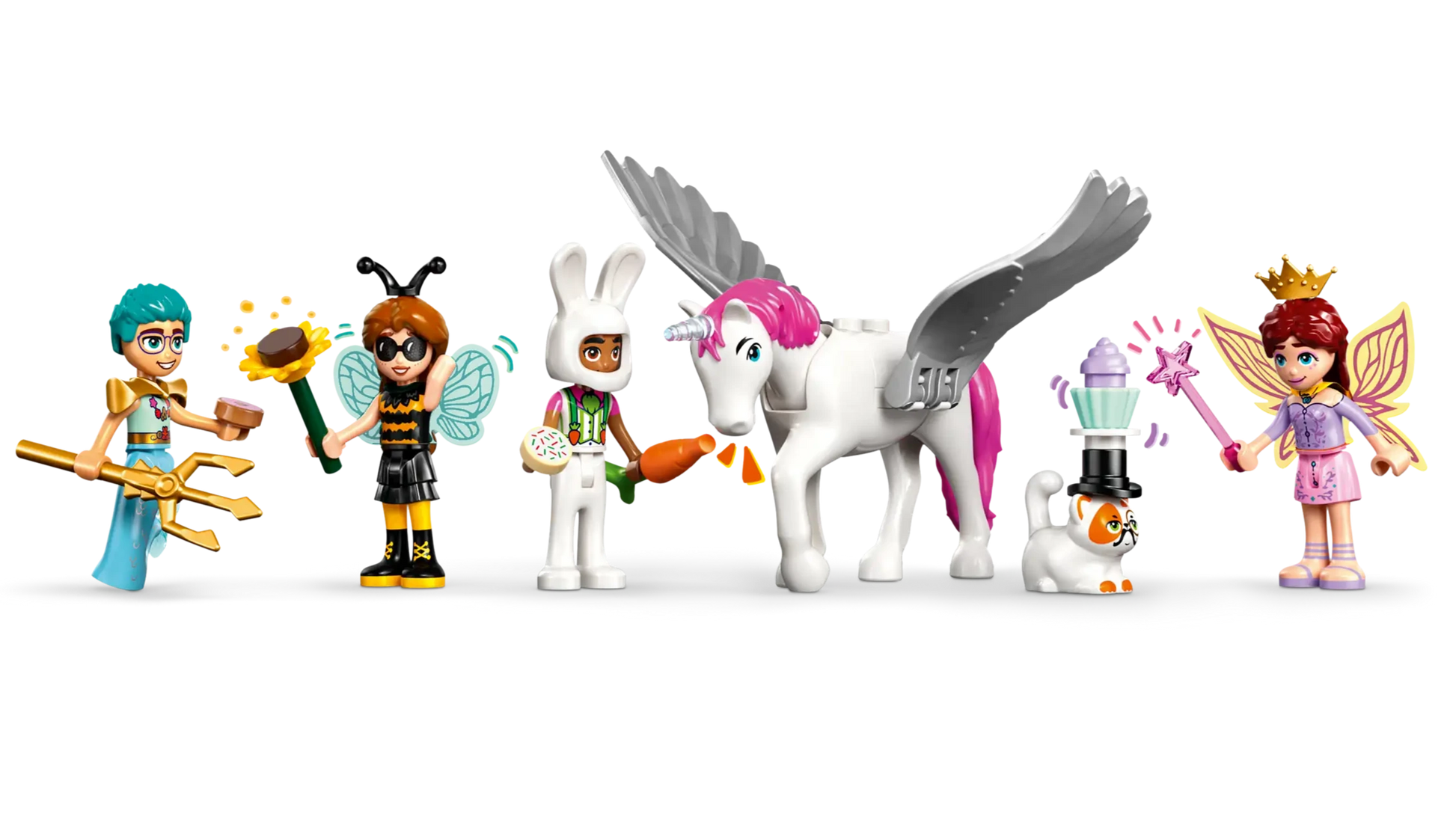 The LEGO® Friends Costume Party with Unicorn & Fairy by Legos - Toyhouse includes six fun figures—a trident holder, bee fairy, bunny-suited figure, winged horse, white cat with top hat, and crowned fairy—ideal for imaginative play.