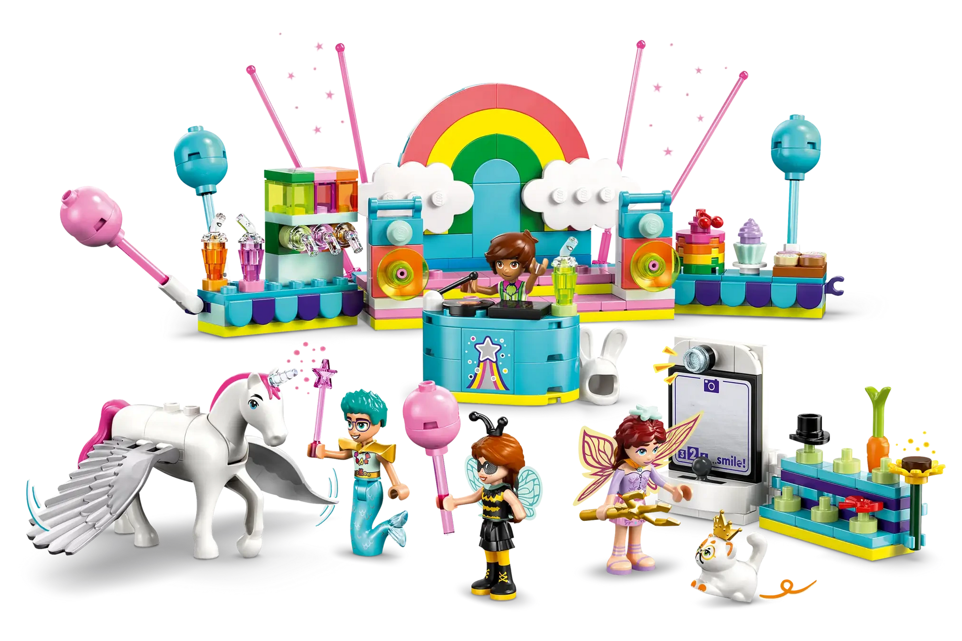 The LEGO® Friends Costume Party with Unicorn & Fairy by Legos - Toyhouse includes a rainbow stage, DJ booth, fantasy mini-figures, winged horse, and accessories for imaginative pretend play and creative fun.