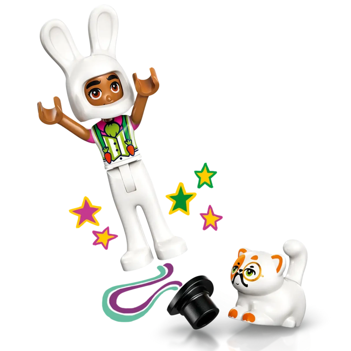 The LEGO® Friends Costume Party with Unicorn & Fairy by Legos - Toyhouse features a minifigure in a white bunny suit, a white cat, black hat, and colorful stars—great for pretend play or enhancing your child’s building kit.