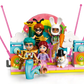 Four LEGO minifigures in colorful costumes and a snowman stand on a vibrant stage with pink antennas, rainbow backdrop, and musical details—perfect for pretend play with the LEGO® Friends Costume Party with Unicorn & Fairy by Legos - Toyhouse.