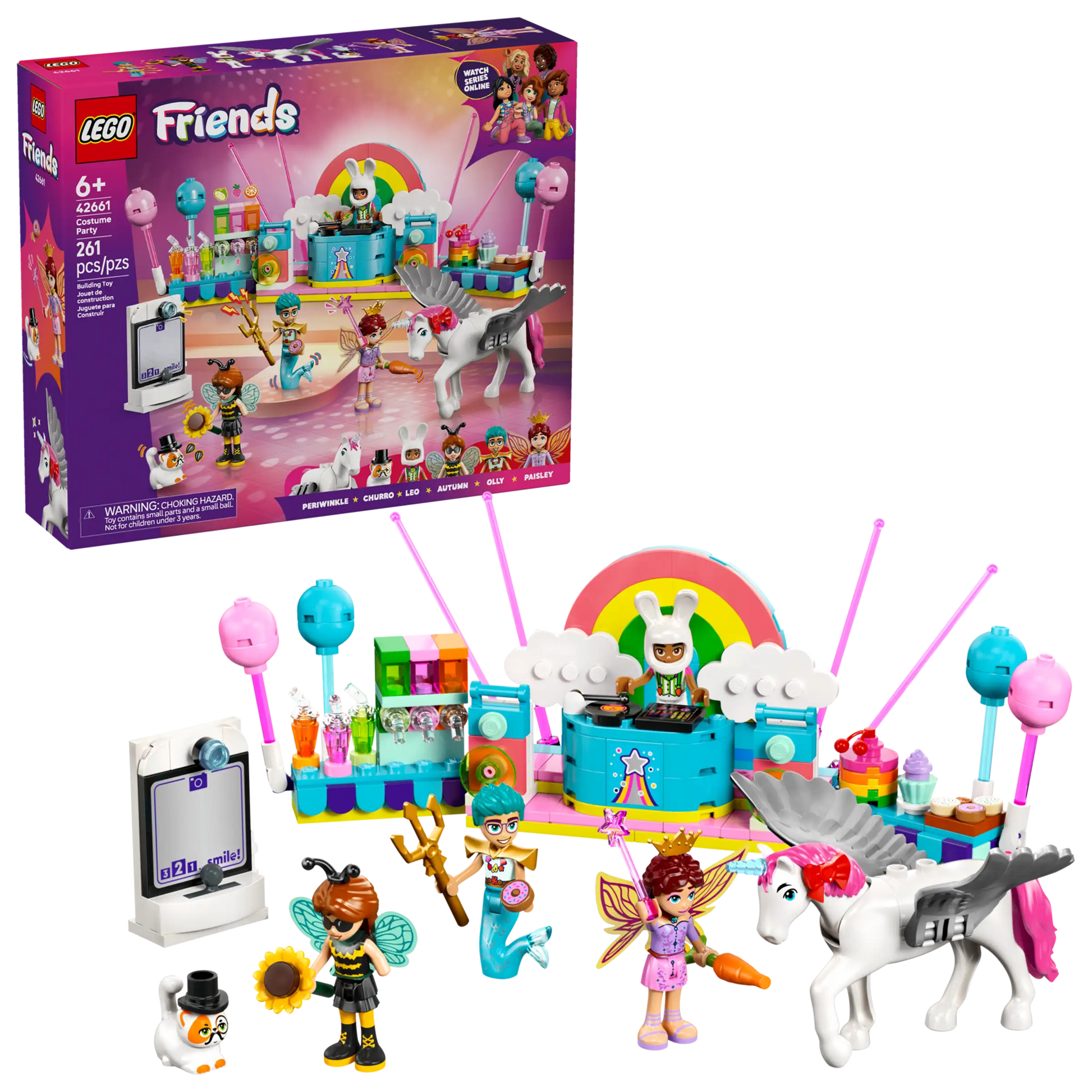 The LEGO® Friends Costume Party with Unicorn & Fairy by Legos - Toyhouse includes a stage, unicorn, four costumed mini-figures, and colorful accessories—perfect for pretend play. Packaging is shown in the background.