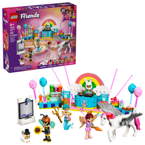 The LEGO® Friends Costume Party with Unicorn & Fairy by Legos - Toyhouse includes a stage, unicorn, four costumed mini-figures, and colorful accessories—perfect for pretend play. Packaging is shown in the background.