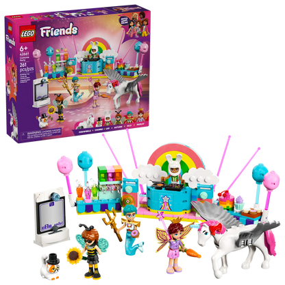 The LEGO® Friends Costume Party with Unicorn & Fairy by Legos - Toyhouse includes a stage, unicorn, four costumed mini-figures, and colorful accessories—perfect for pretend play. Packaging is shown in the background.