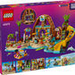 The back of the LEGO® Friends Family Vacation Beach Resort set box from Legos - Toyhouse displays a vibrant beach hut with a slide, palm trees, minifigures, and accessories on a purple gradient background—perfect for kids’ play.