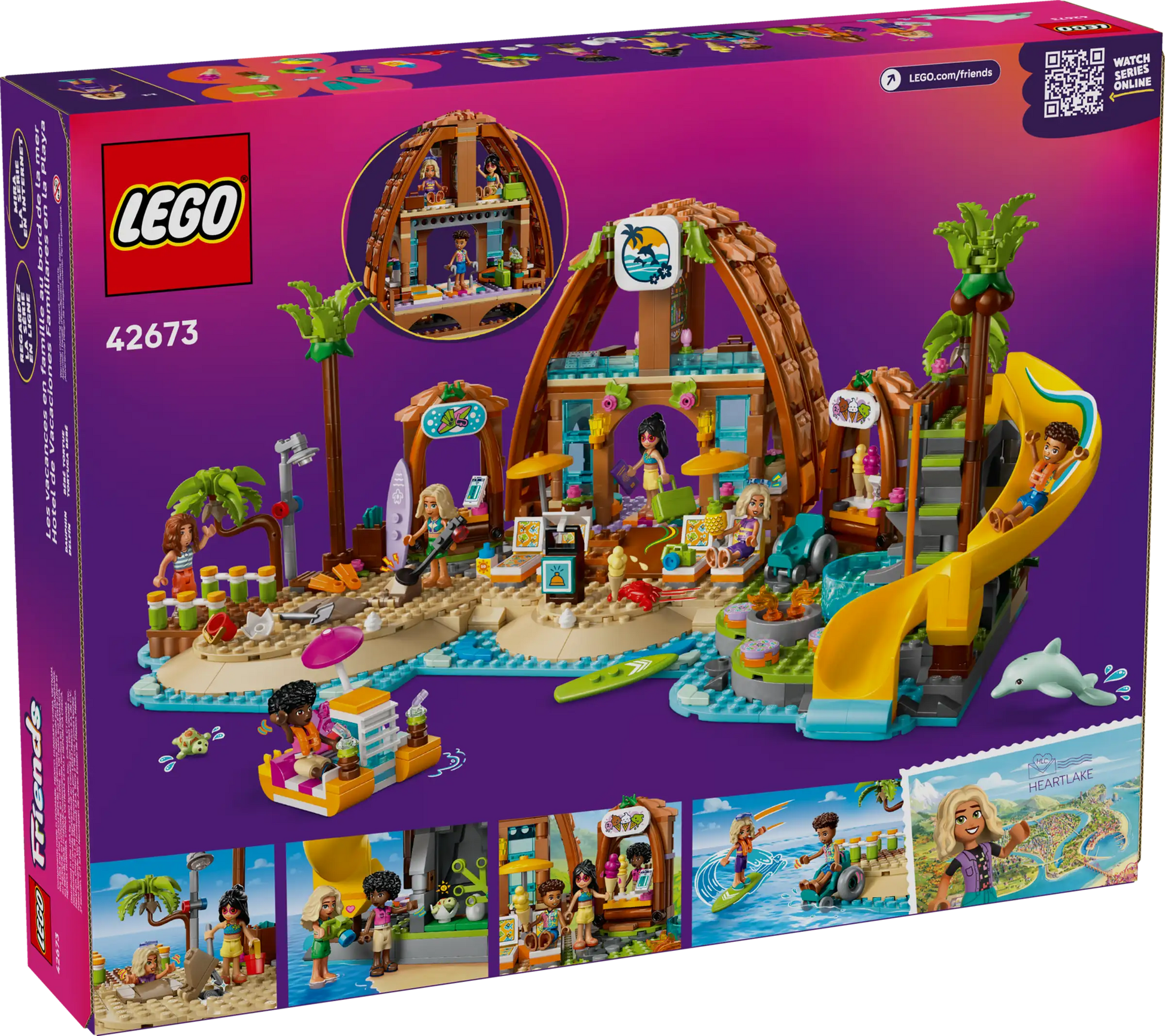 The back of the LEGO® Friends Family Vacation Beach Resort set box from Legos - Toyhouse displays a vibrant beach hut with a slide, palm trees, minifigures, and accessories on a purple gradient background—perfect for kids’ play.