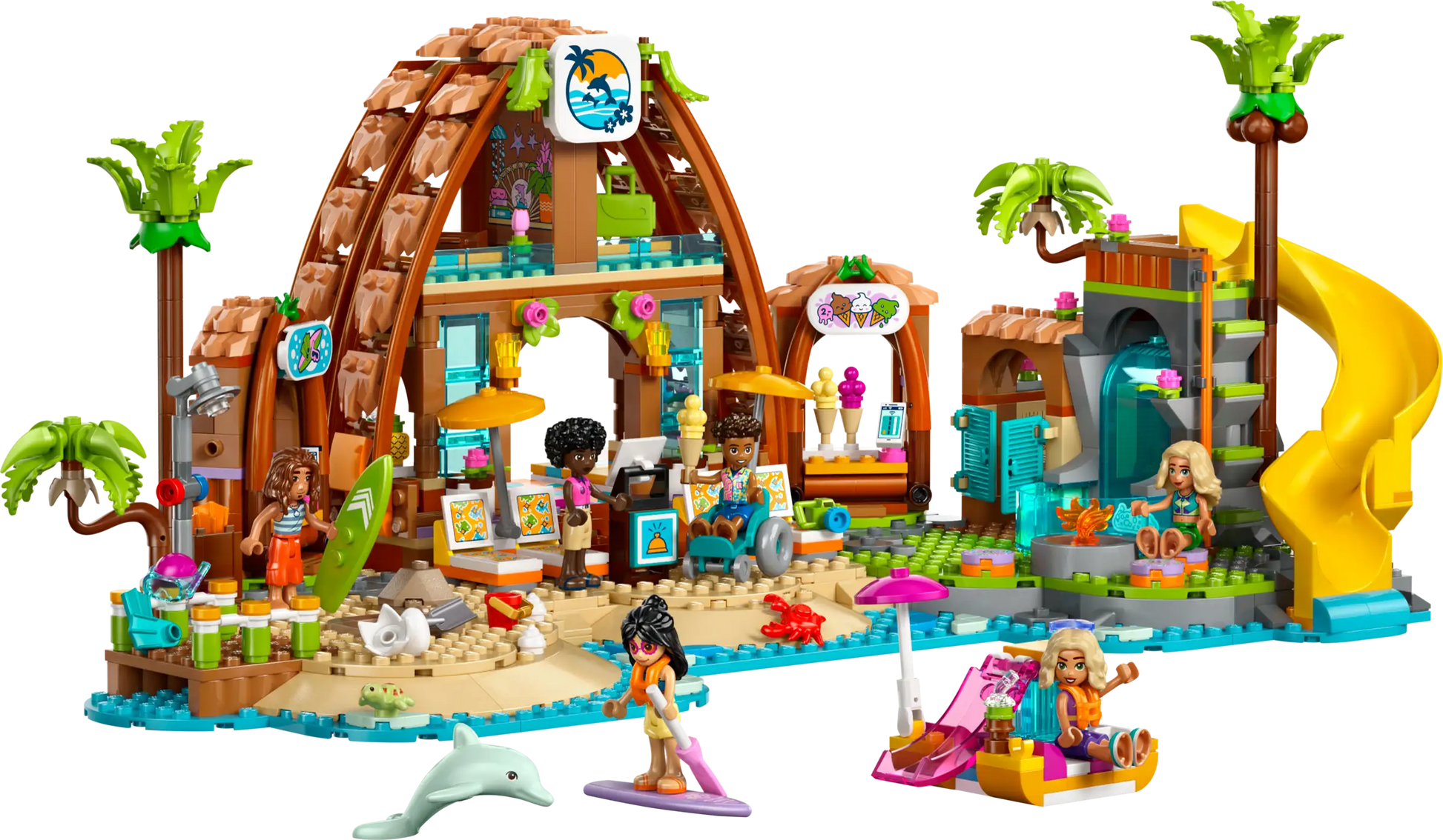 The LEGO® Friends Family Vacation Beach Resort by Legos - Toyhouse features minifigures, a resort building, palm trees, a yellow slide, surfboards, a dolphin, and fun beach accessories for kids.