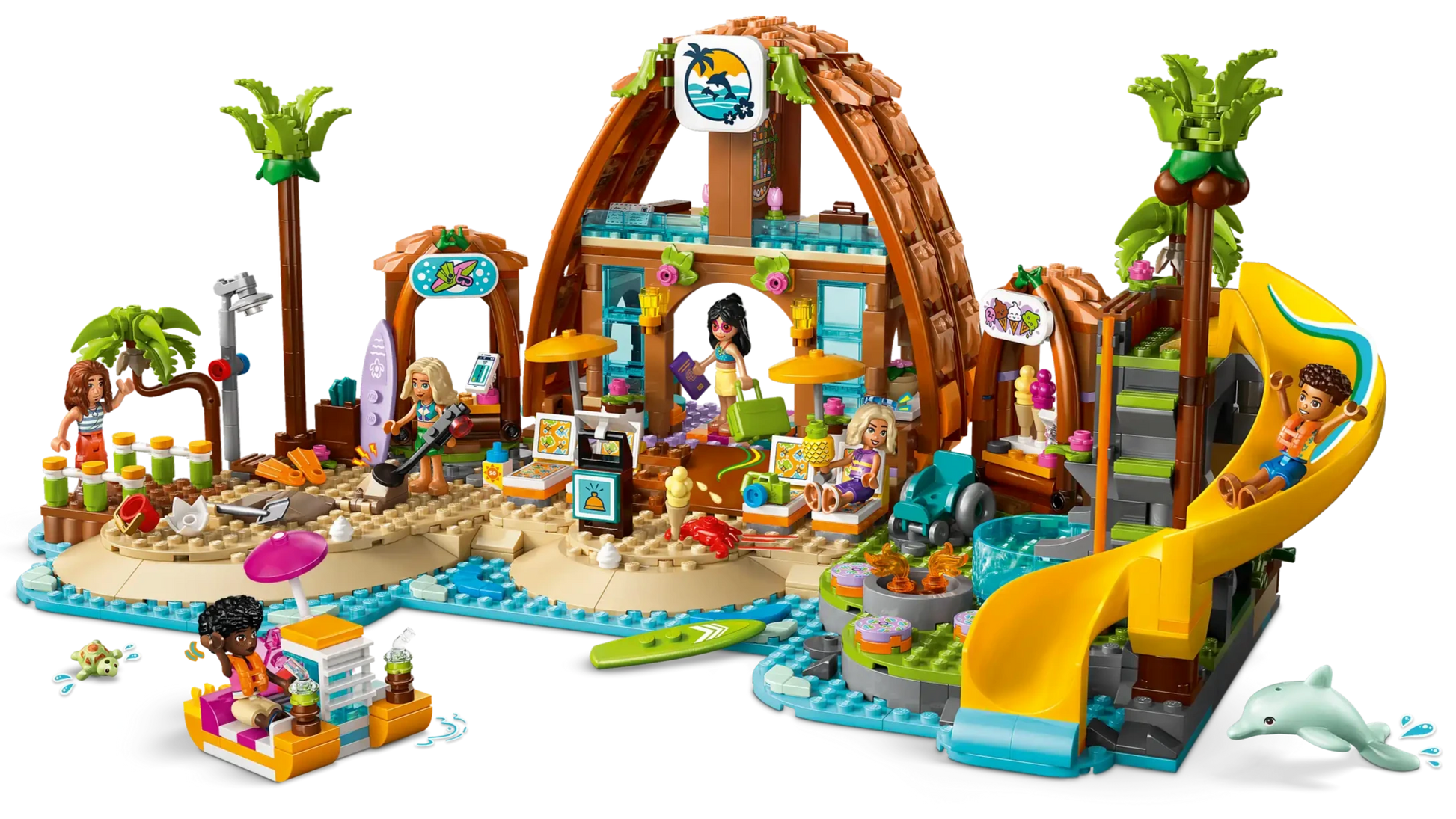 Bring the LEGO® Friends Family Vacation Beach Resort by Legos - Toyhouse to life with a beach café, yellow slide, palm trees, surfboards, mini-figures, a dolphin, and fun accessories for seaside adventures.