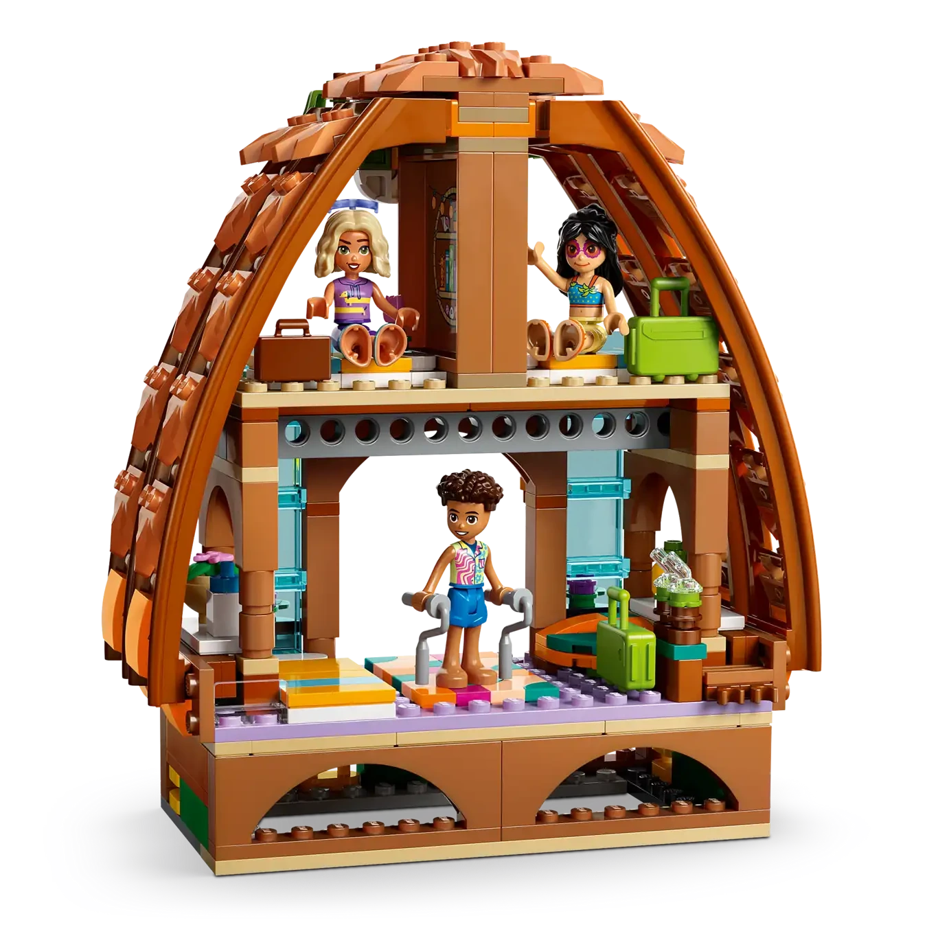 The LEGO® Friends Family Vacation Beach Resort by Legos - Toyhouse is a two-story, dome-shaped wooden cabin playset with three mini-figures, beds, plants, and colorful details—great for imaginative kids' play.