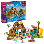 The LEGO® Friends Family Vacation Beach Resort by Legos - Toyhouse is a kids' building set with a tropical beach scene, mini-figures, accessories, and a box showing the assembled set and age recommendation.