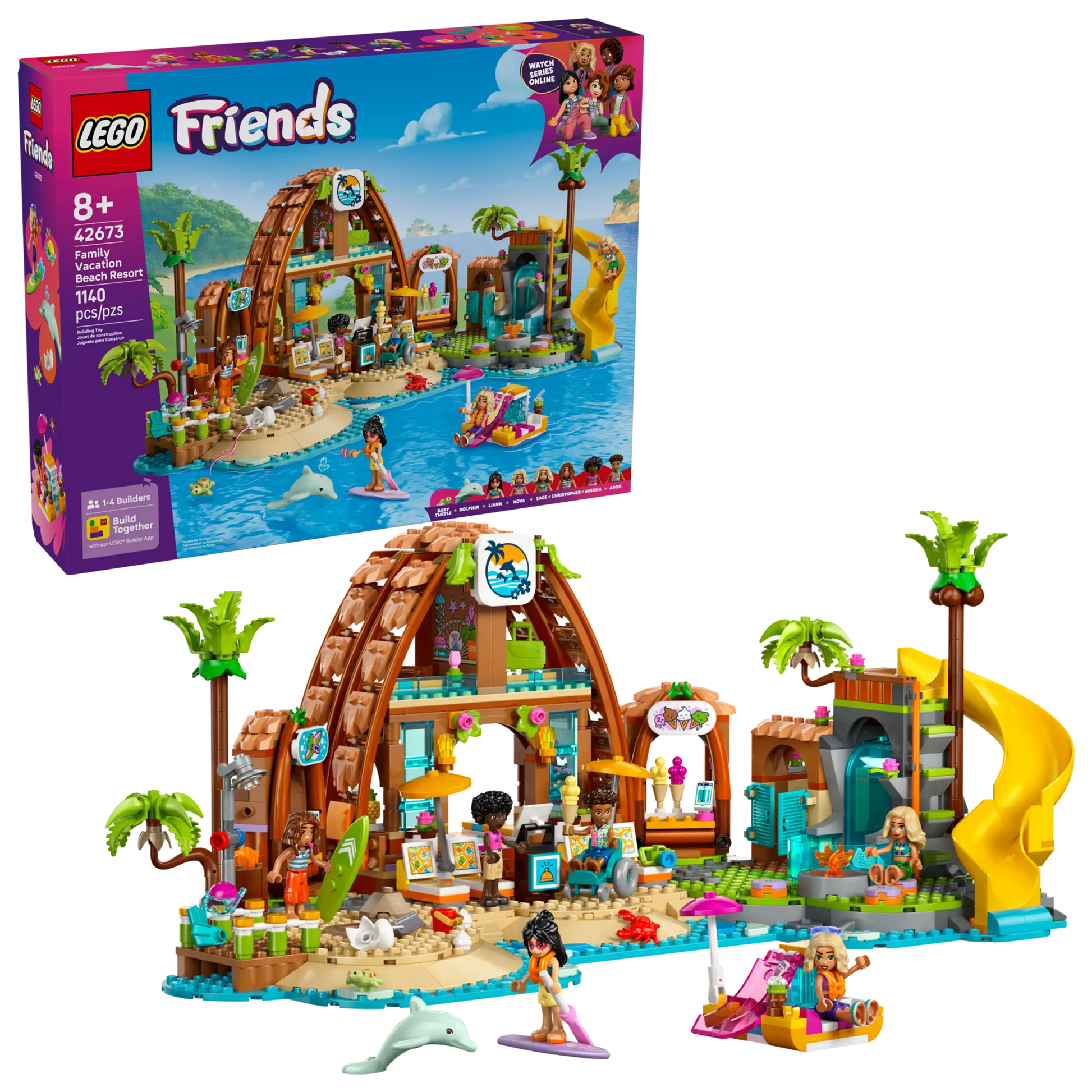 The LEGO® Friends Family Vacation Beach Resort by Legos - Toyhouse is a kids' building set with a tropical beach scene, mini-figures, accessories, and a box showing the assembled set and age recommendation.