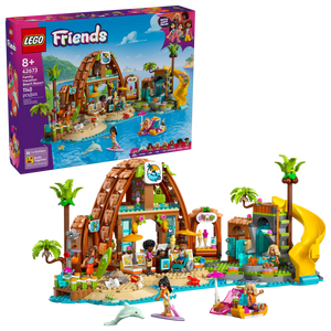 The LEGO® Friends Family Vacation Beach Resort by Legos - Toyhouse is a kids' building set with a tropical beach scene, mini-figures, accessories, and a box showing the assembled set and age recommendation.