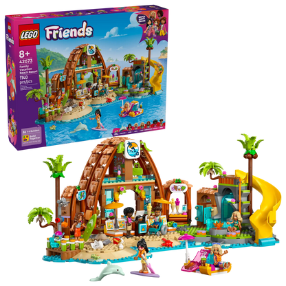 The LEGO® Friends Family Vacation Beach Resort by Legos - Toyhouse is a kids' building set with a tropical beach scene, mini-figures, accessories, and a box showing the assembled set and age recommendation.