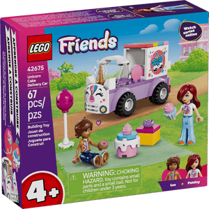 The LEGO® Friends Unicorn Cake Delivery Car by Legos - Toyhouse includes 67 pieces with a purple and white car, two mini-doll figures, and cupcake accessories, perfect for unicorn fans ages 4+.