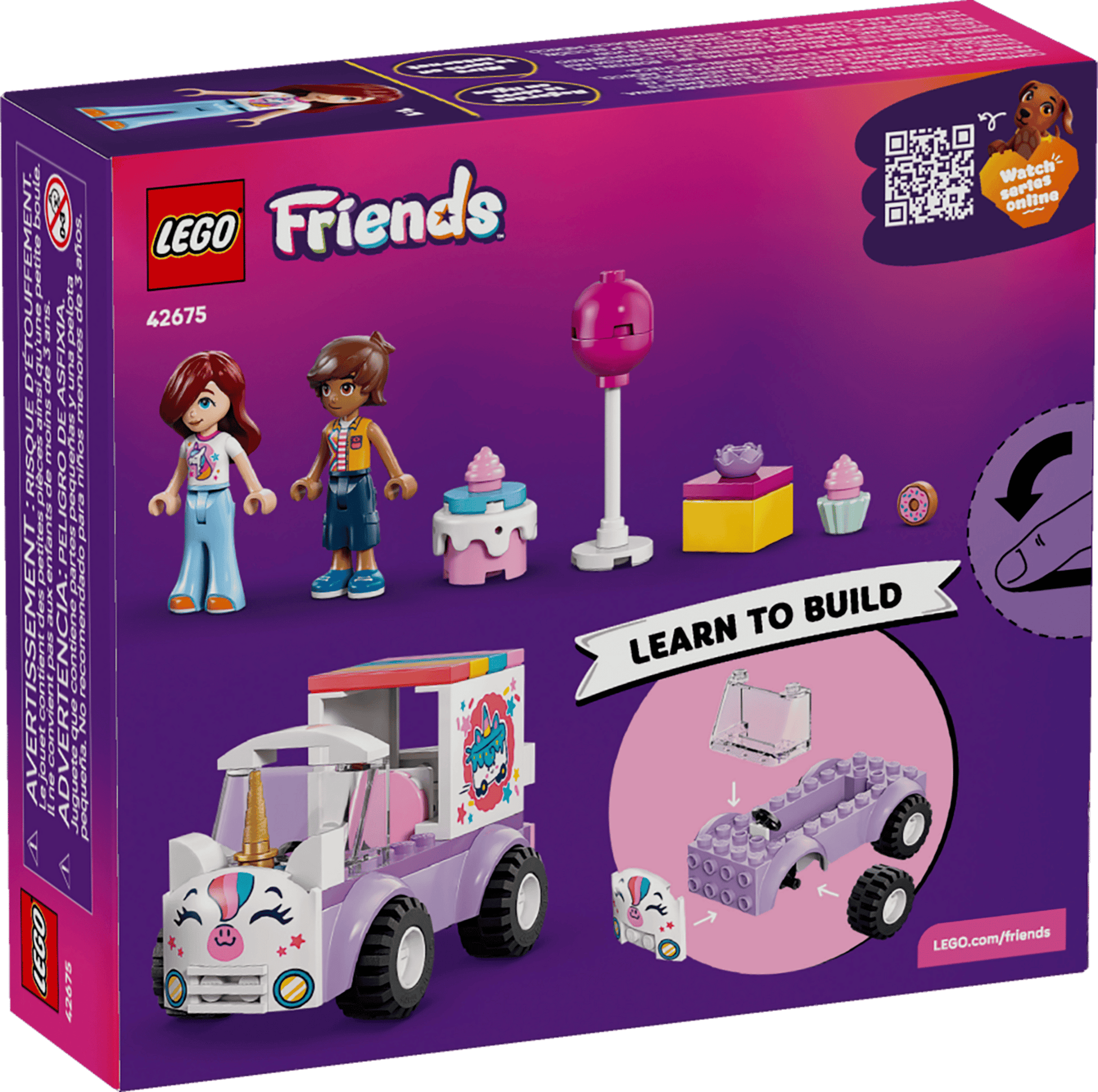Back of LEGO® Friends Unicorn Cake Delivery Car (Legos - Toyhouse) box shows figures, accessories, and a pastel cake delivery car with unicorn design. Includes step-by-step build instructions and QR code for online content.