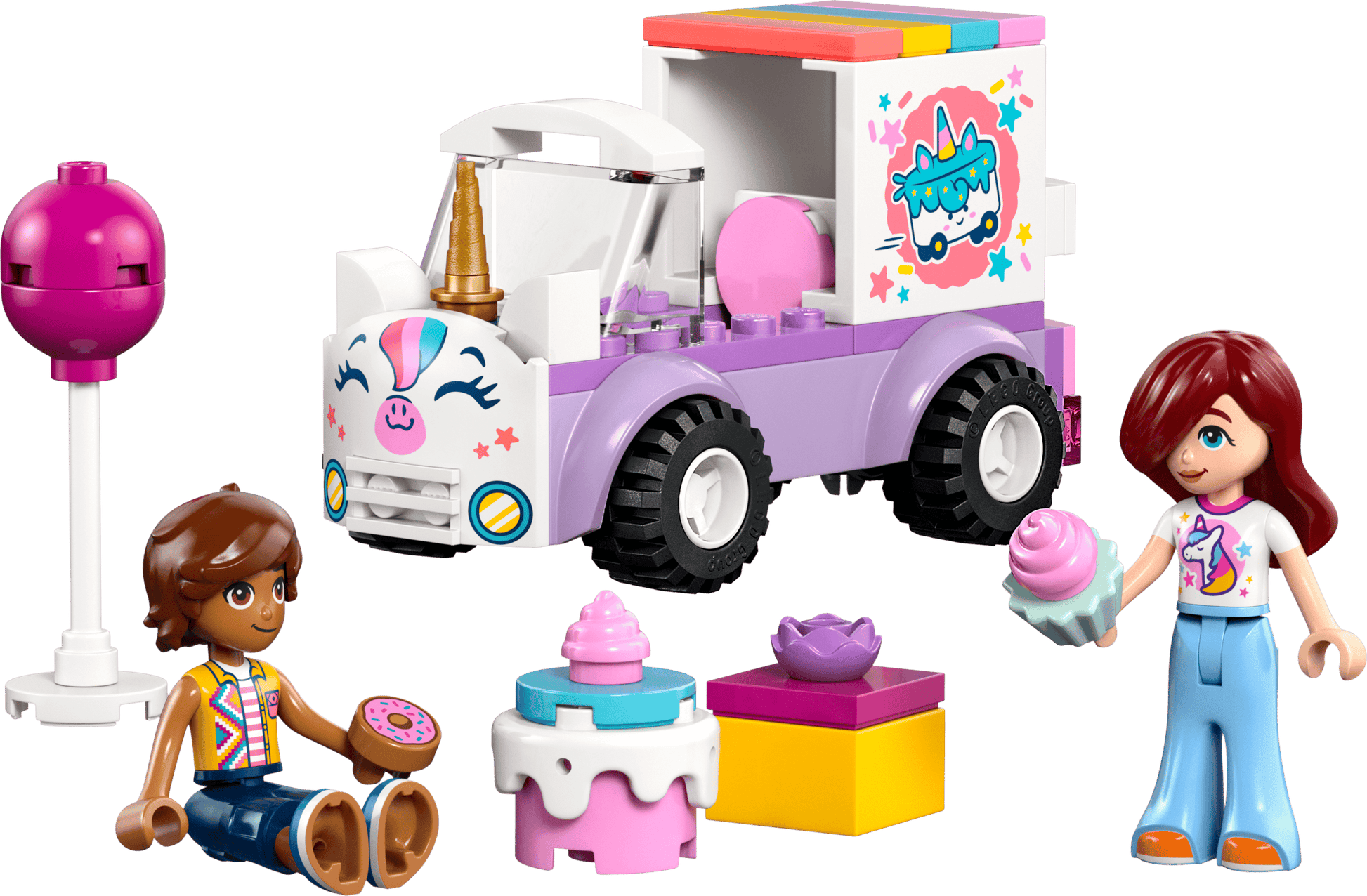 Two toy figures with desserts sit by the Legos - Toyhouse LEGO® Friends Unicorn Cake Delivery Car, featuring a unicorn design, cake, cupcake, and present—ideal for unicorn toy fans and creative building fun.