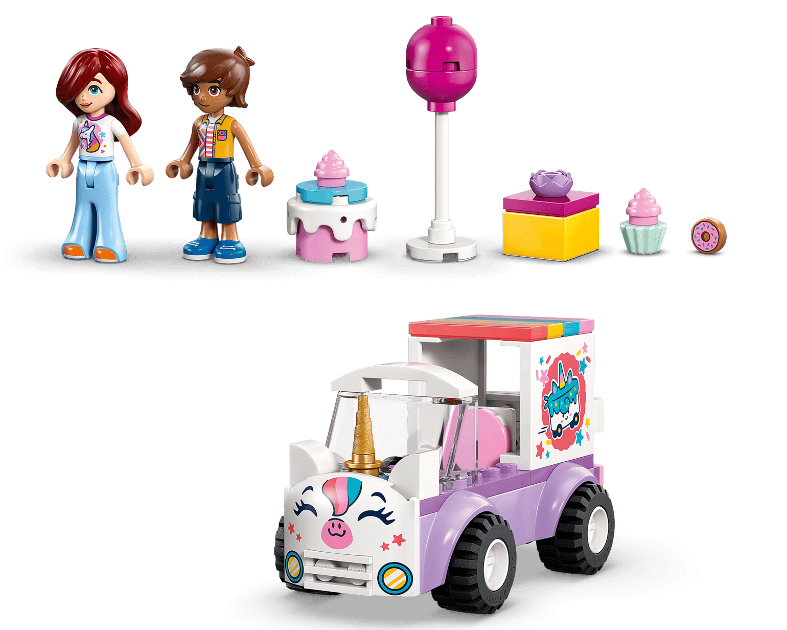 The LEGO® Friends Unicorn Cake Delivery Car from Legos - Toyhouse includes two minifigures, cupcakes, fun accessories, and a colorful car—an ideal set for unicorn toy fans.
