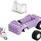 Illustration of a partially assembled purple toy car from the LEGO® Friends Unicorn Cake Delivery Car by Legos - Toyhouse, featuring detached parts like a windshield, front panel with a face, and wheels, shown with assembly arrows.