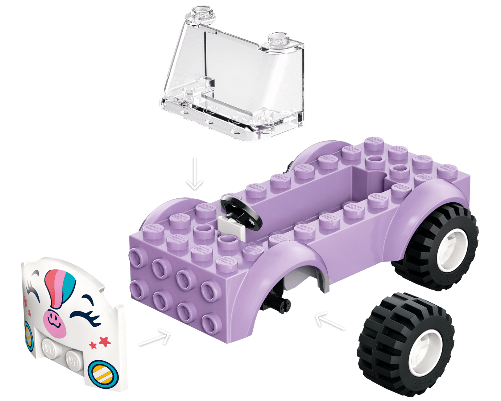 Illustration of a partially assembled purple toy car from the LEGO® Friends Unicorn Cake Delivery Car by Legos - Toyhouse, featuring detached parts like a windshield, front panel with a face, and wheels, shown with assembly arrows.