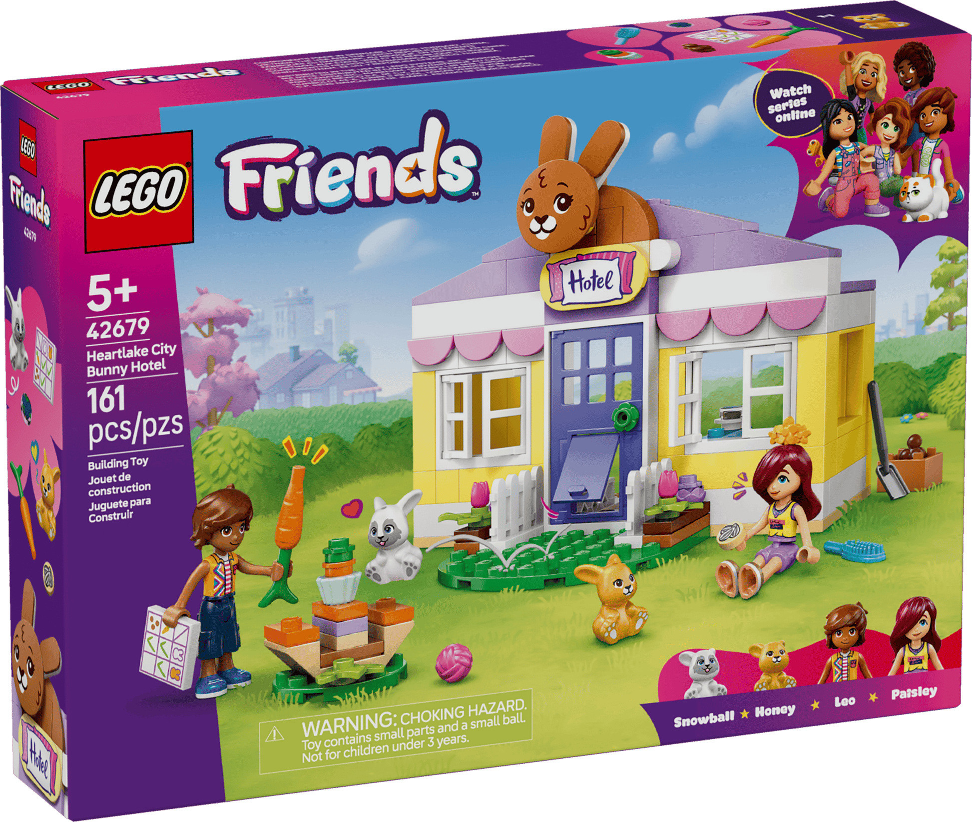 The LEGO® Friends Heartlake City Bunny Hotel by Legos - Toyhouse is a 161-piece set for ages 5+, featuring a bunny-themed building and three characters for imaginative animal care fun.