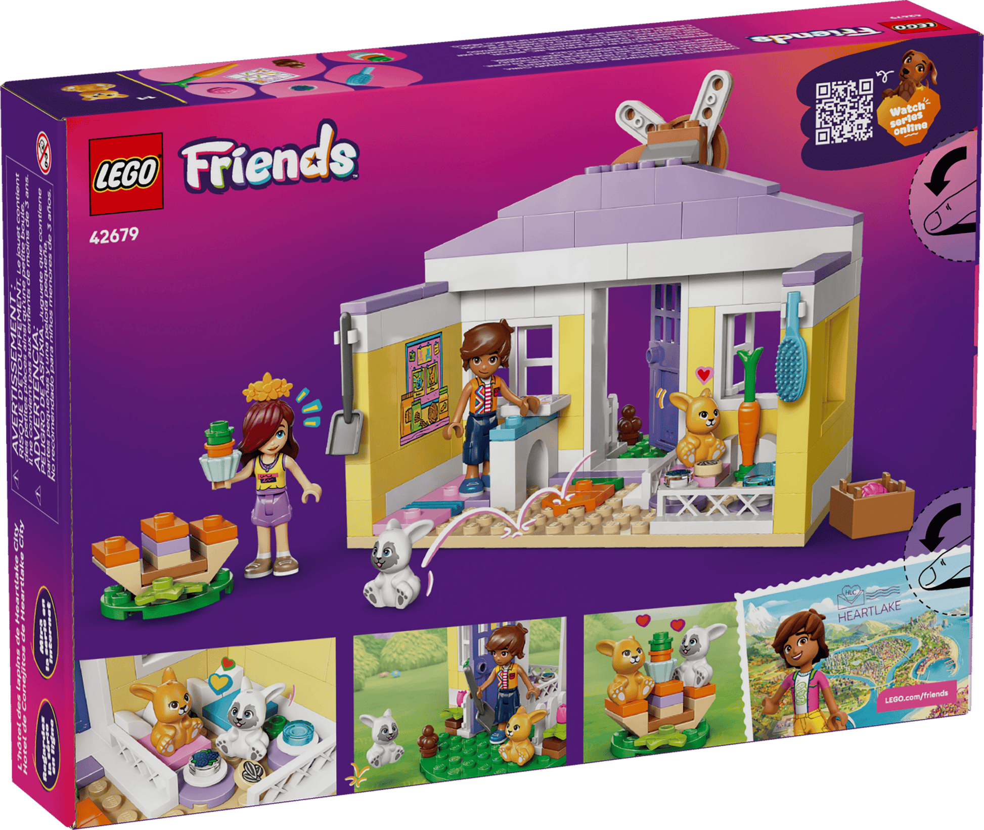The Legos - Toyhouse LEGO® Friends Heartlake City Bunny Hotel set features a bunny hotel, two mini-figures, several animals, and fun accessories—an ideal animal care toy and perfect gift for kids who love pets.