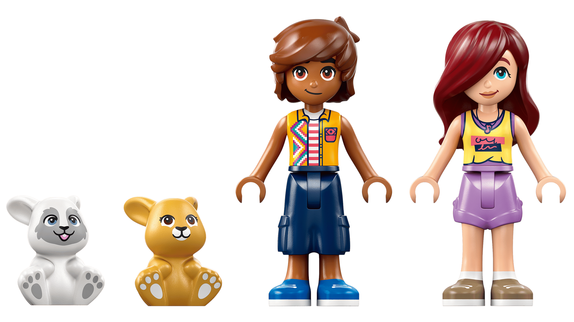Two LEGO animal figures (white and tan) and two mini-figures stand in a row, inspired by the LEGO® Friends Heartlake City Bunny Hotel from Legos - Toyhouse, an adorable playset for kids—shown on a white background.