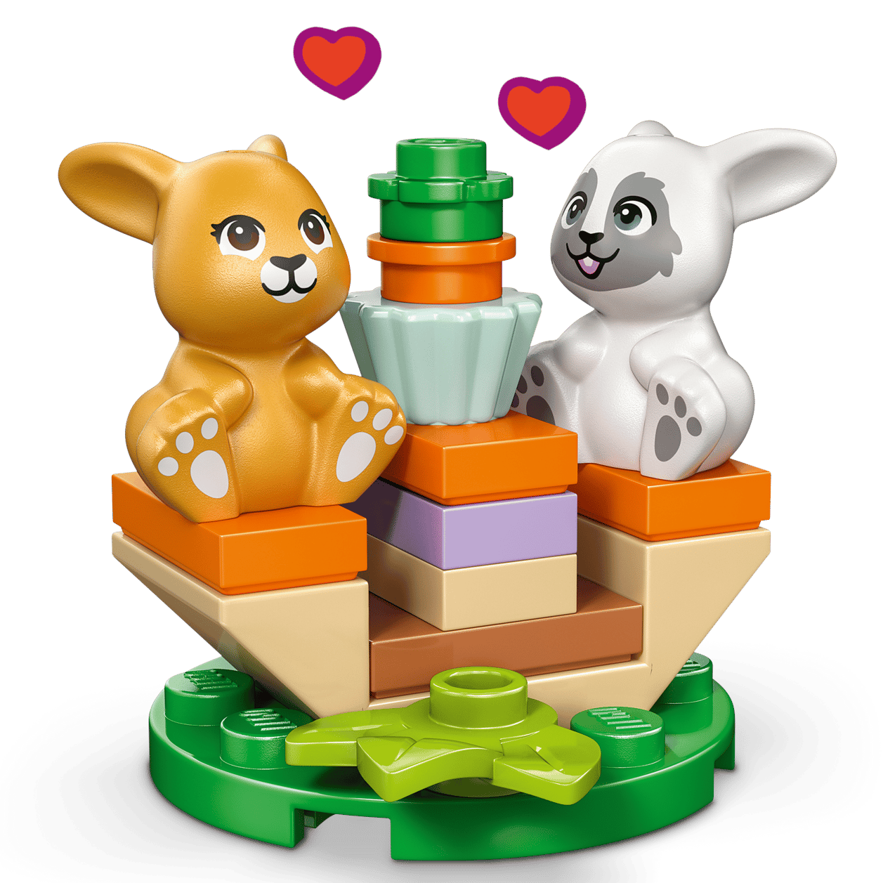 The LEGO® Friends Heartlake City Bunny Hotel by Legos - Toyhouse features two toy bunny figures on a colorful platform with a central plant and pink hearts, making it a charming animal care toy and perfect gift for kids.
