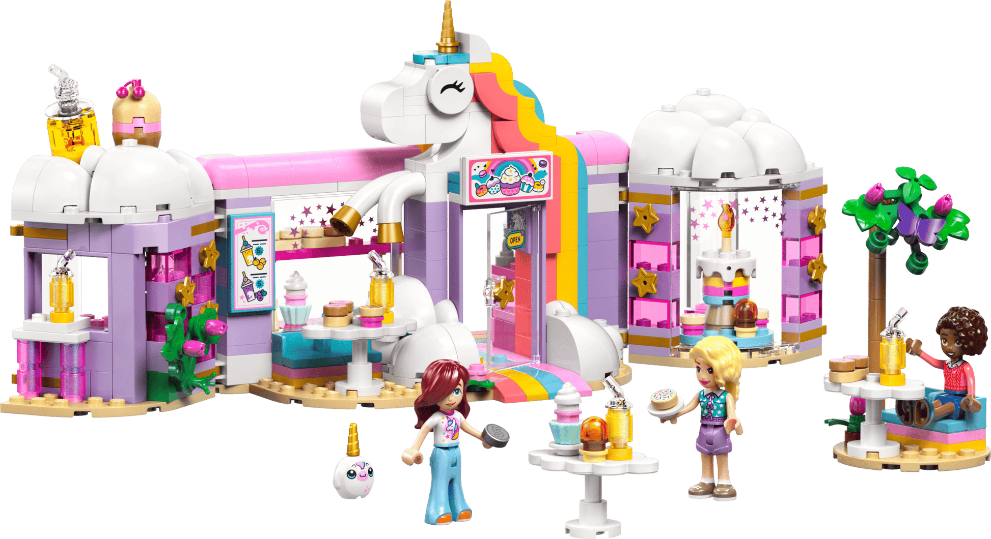 Discover the LEGO® Friends Unicorn Dream Café by Legos - Toyhouse, a vibrant unicorn bakery playset with two figures, desserts, tables, a tree, and charming pastel decorations.
