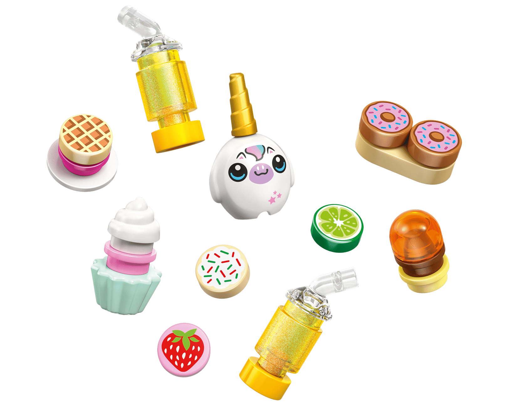 Colorful toy food items and accessories from the LEGO® Friends Unicorn Dream Café by Legos - Toyhouse, including donuts, pie, cupcake, citrus slices, a strawberry, and a unicorn figure, arranged on a white background.