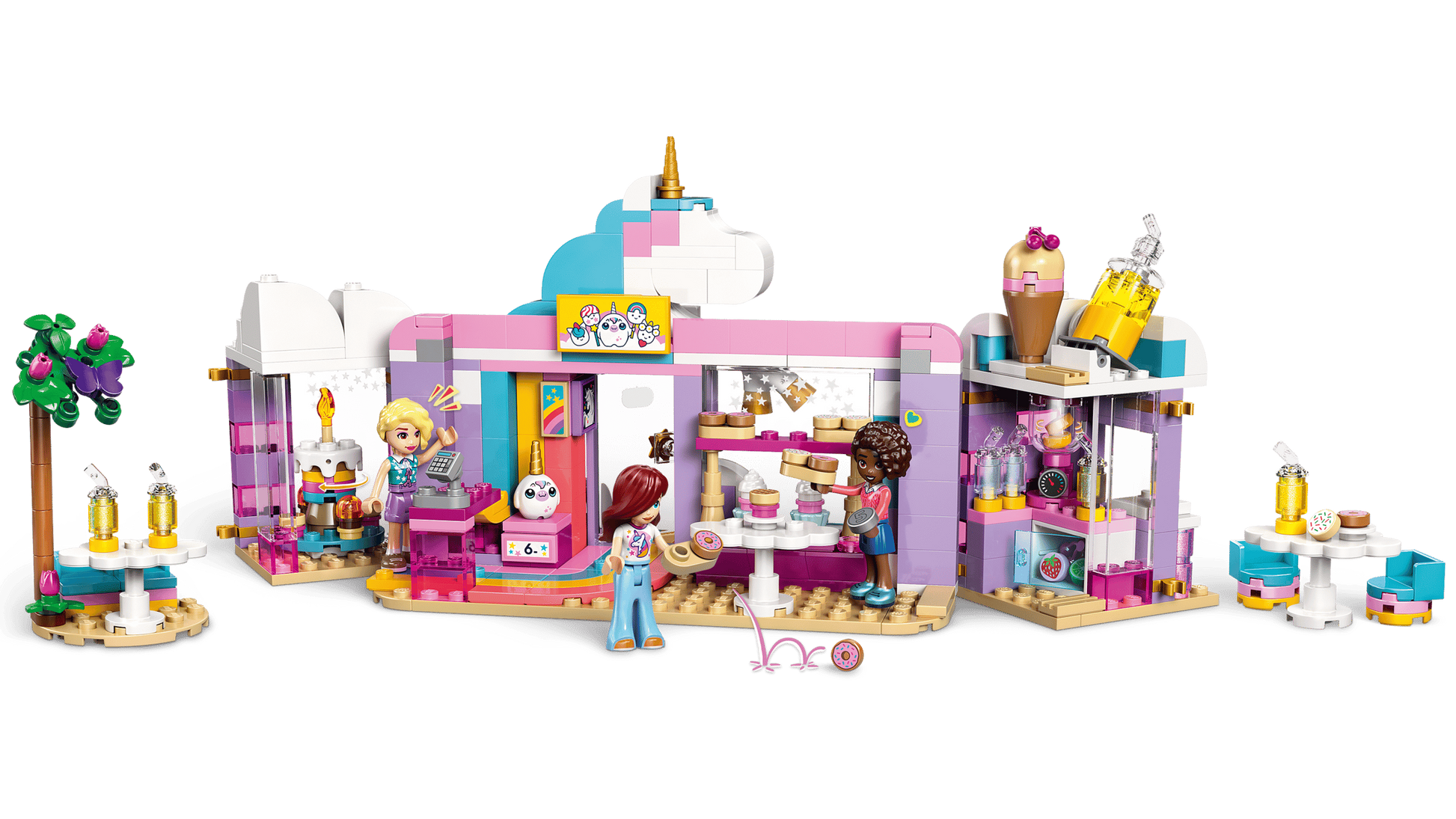 The LEGO® Friends Unicorn Dream Café by Legos - Toyhouse includes three mini-figures, fun accessories, a tree, and a seating area built from pink, blue, and white blocks—ideal for imaginative unicorn café adventures.